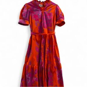 Sugarlips Orange Pink Floral Maxi Dress Puff Sleeve Belted Button Front Size S